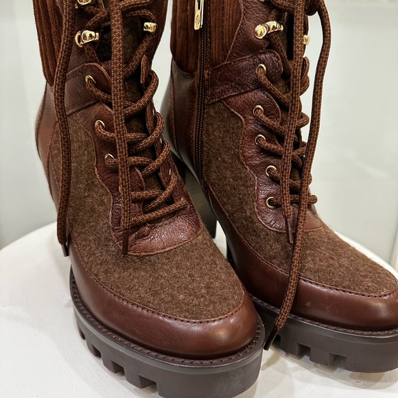 ANTONIO MELANI Brown Leather and Fabric Heeled Boots 3.5 inch heel - Picture 2 of 7